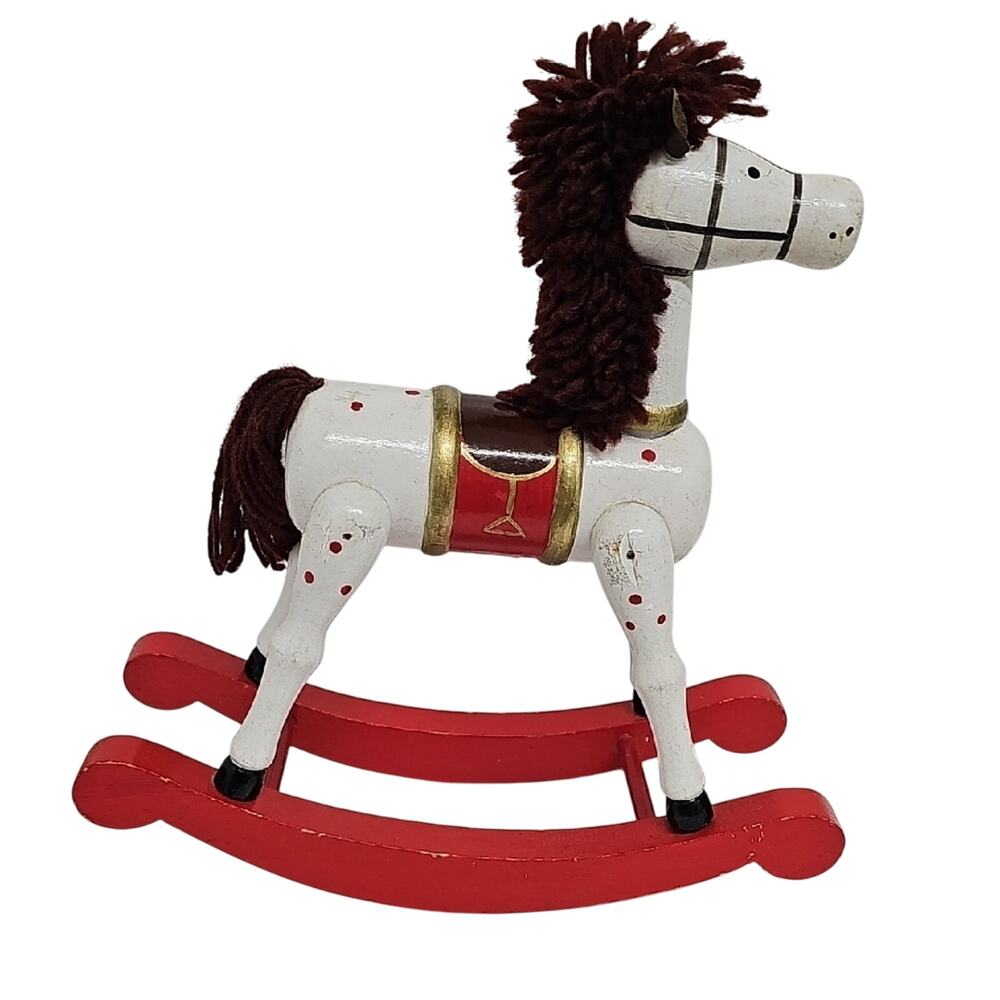Vintage Classic White and Red Wooden Rocking Horse w/ Yarn Main Christmas Decor